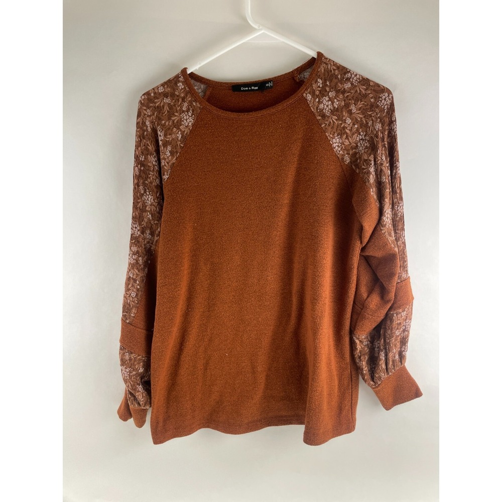 Doe & Rae Sweater, Womens Size Small, Brown Burnt Orange, Floral Sleeve